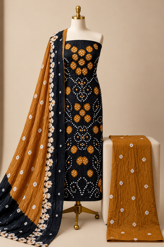 Cotton Satin Tie n Dye Handmade Kutch 3Pc Bandhani Dress Material