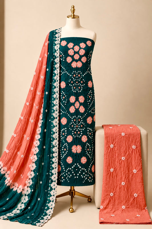 Cotton Satin Tie n Dye Handmade Kutch 3Pc Bandhani Dress Material