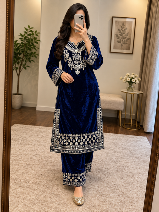 Velvet Sequins Zari Work Kurti Palazzo Set by Ethenika - front view