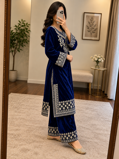 Velvet Sequins Zari Work Kurti Palazzo Set by Ethenika - kurti with palazzo