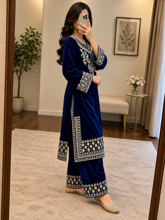 Velvet Sequins Zari Work Kurti Palazzo Set by Ethenika - kurti with palazzo