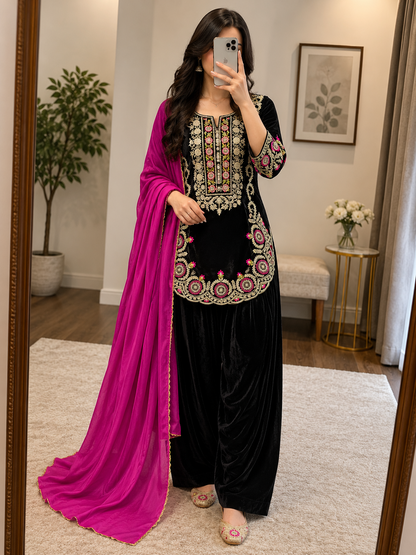 Black Pure Viscose Velvet Kurti Pant Dupatta Set by Ethenika - view 1