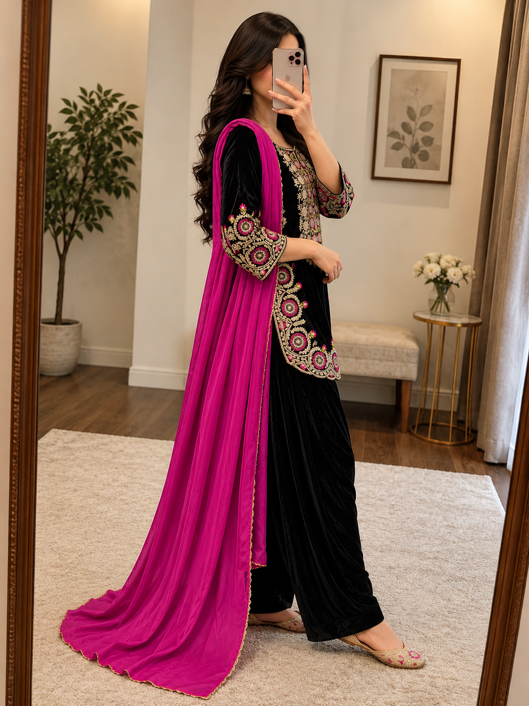 Black Pure Viscose Velvet Kurti Pant Dupatta Set by Ethenika - view 2