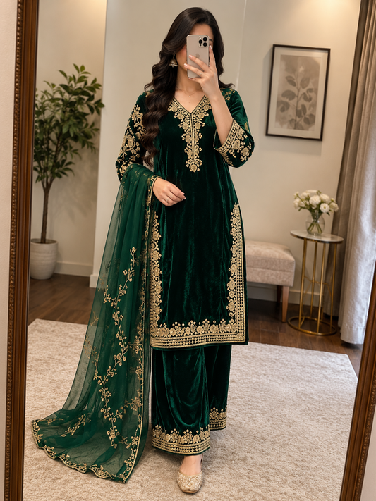Designer Velvet Kurti Pant Dupatta 3Pc Set by Ethenika - view 1