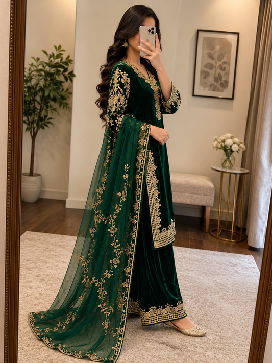 Designer Velvet Kurti Pant Dupatta 3Pc Set by Ethenika - view 2
