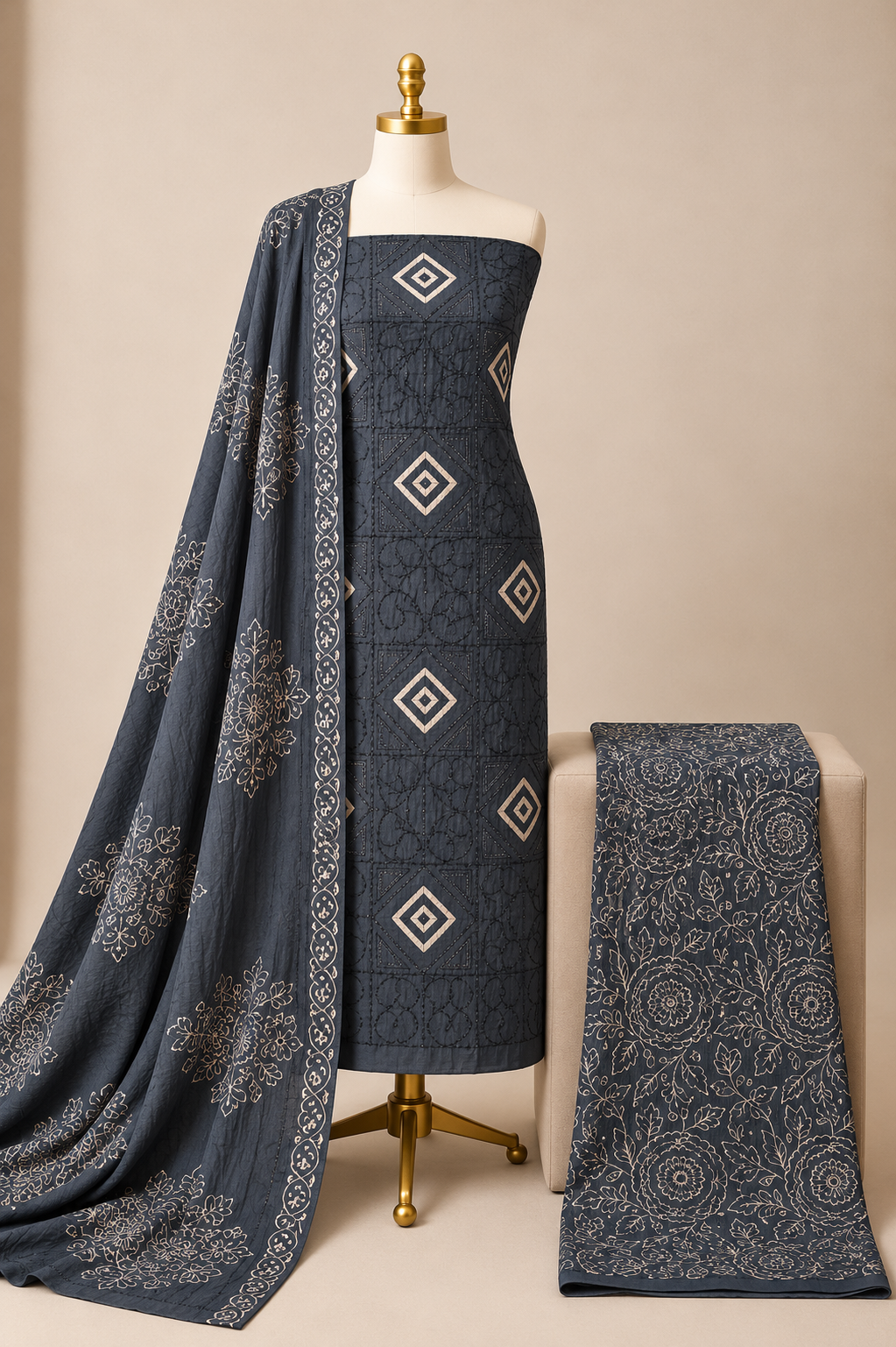 Soft Cotton Thread Work Printed Dresss Material (Unstitched)