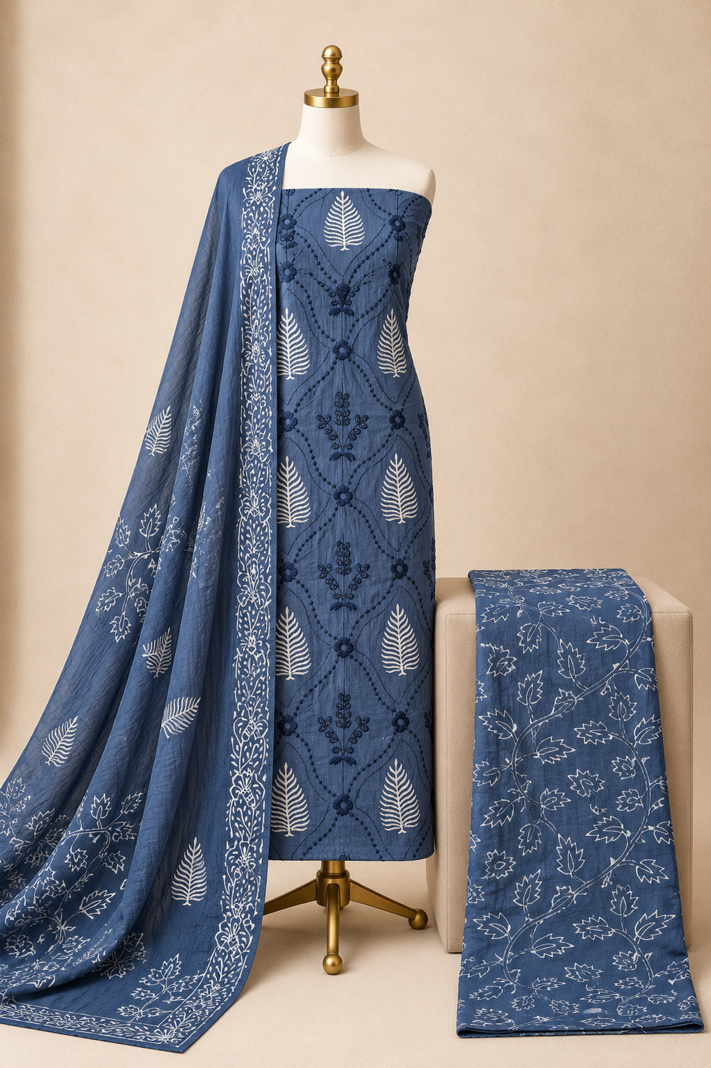 Soft Cotton Thread Work Block Print work Unstitched 3Pc Dress Material