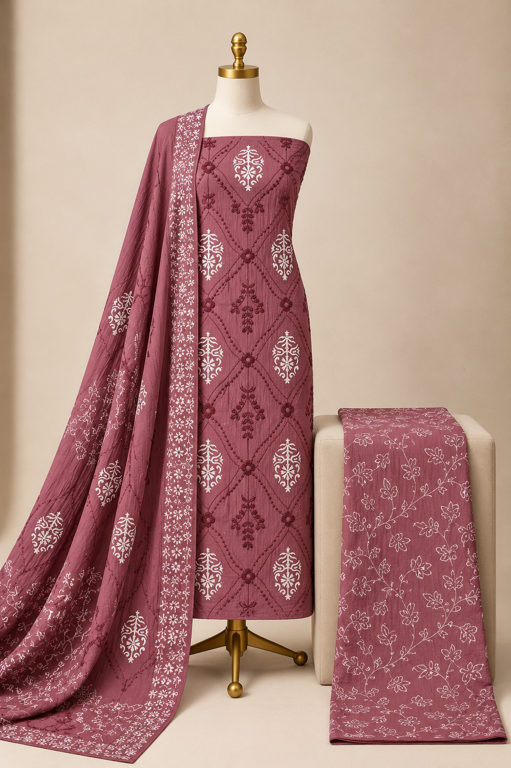 Soft Cotton Thread Work Block Print work Unstitched 3Pc Dress Material