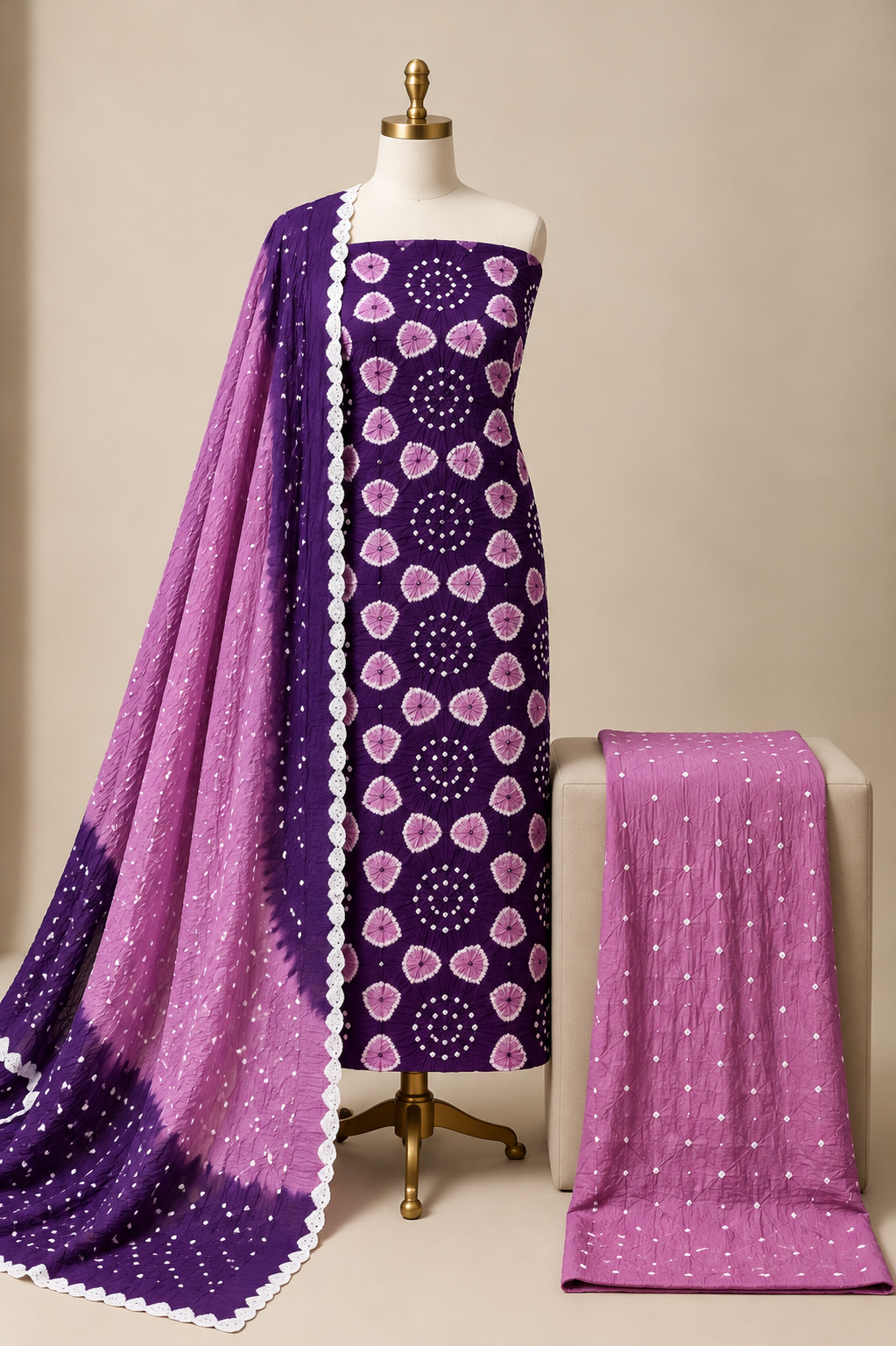 Jaam Cotton Authentic Tie and Dye Kutch 3Pc Bandhani Dress Material (Unstitched)