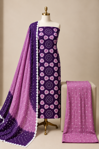 Jaam Cotton Authentic Tie and Dye Kutch 3Pc Bandhani Dress Material (Unstitched)