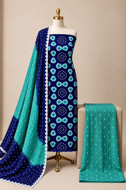 Jaam Cotton Authentic Tie and Dye Kutch 3Pc Bandhani Dress Material (Unstitched)