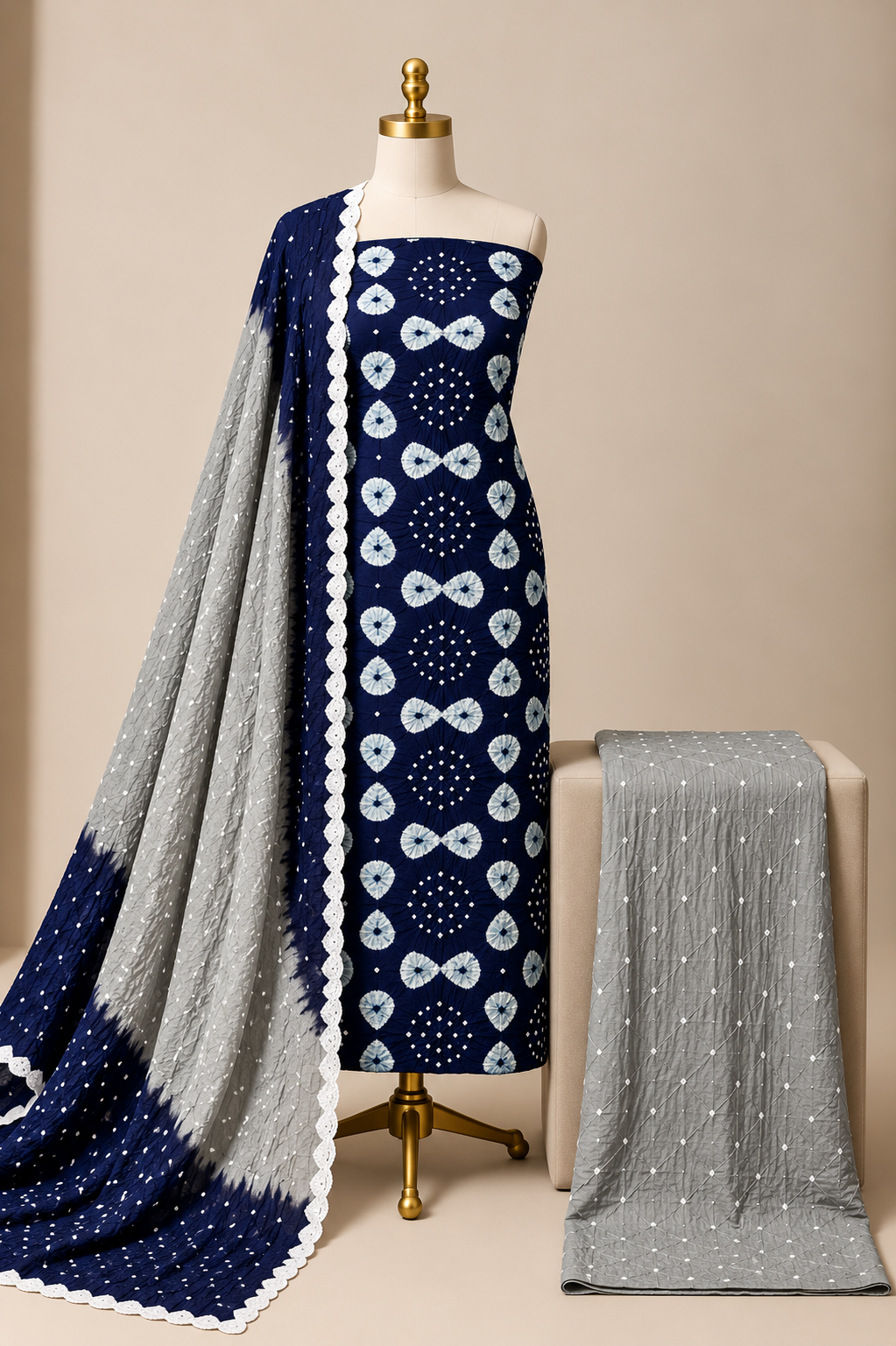 Jaam Cotton Authentic Tie and Dye Kutch 3Pc Bandhani Dress Material (Unstitched)