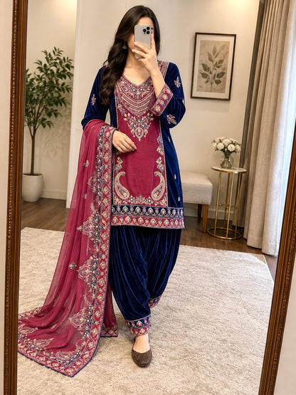 Velvet Sequence Embroidery Kurti Pant Dupatta Set | Winter Wear
