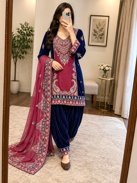 Velvet Sequence Embroidery Kurti Pant Dupatta Set | Winter Wear