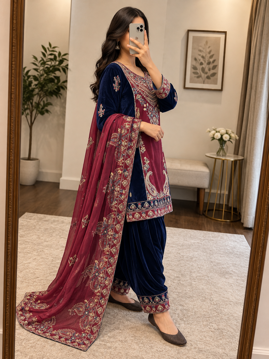 Velvet Sequence Embroidery Kurti Pant Dupatta Set | Winter Wear