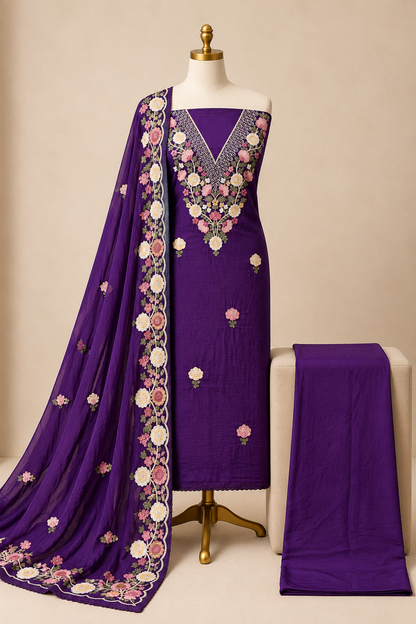 Chinon Silk Thread Floral Hand Embroidery 3Pc Unstitched Dress Material