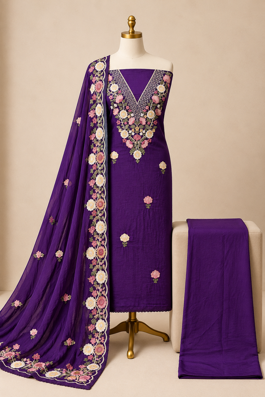 Chinon Silk Thread Floral Hand Embroidery 3Pc Unstitched Dress Material