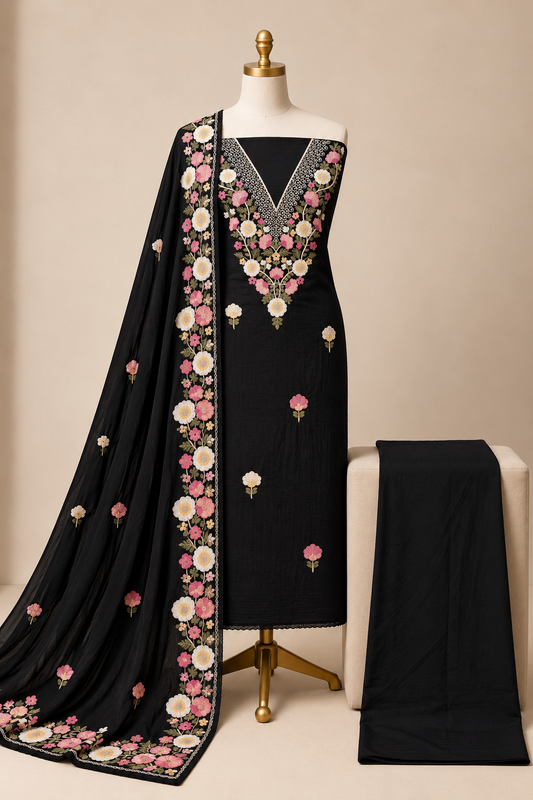 Chinon Silk Thread Floral Hand Embroidery 3Pc Unstitched Dress Material