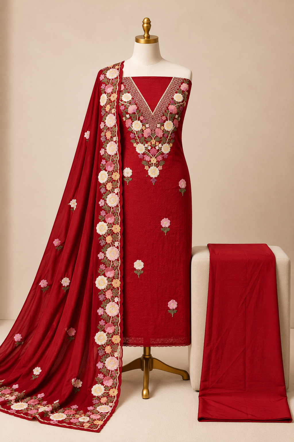 Chinon Silk Thread Floral Hand Embroidery 3Pc Unstitched Dress Material