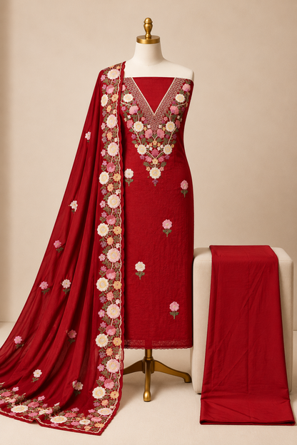 Chinon Silk Thread Floral Hand Embroidery 3Pc Unstitched Dress Material