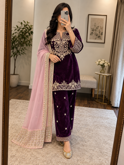 Ethenika Designer 3Pc Ready Wear Velvet Kurti Pant Dupatta Set