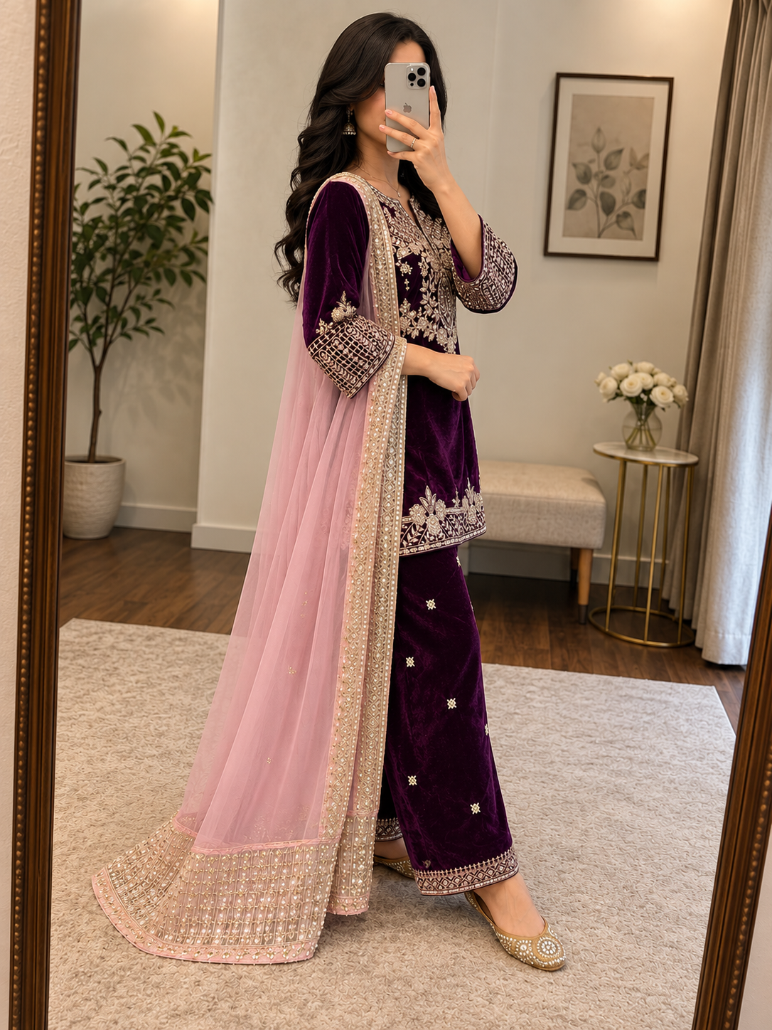 Ethenika Designer 3Pc Ready Wear Velvet Kurti Pant Dupatta Set