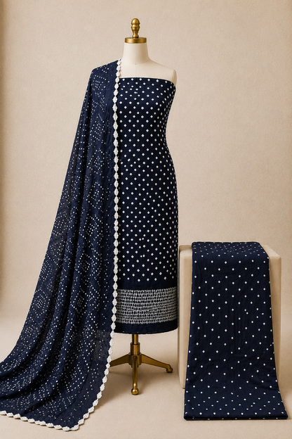 Soft Cotton Self Color 3Pc Unstitched Bandhani Dress Material