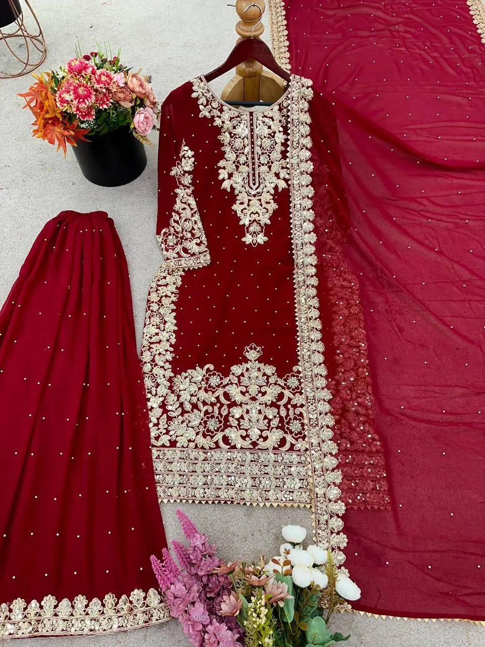 Karwa Chauth Special Designer Moti with Embroidery Work Kurti Sharara Dupatta Set (Ready to Wear) Ethenika.com