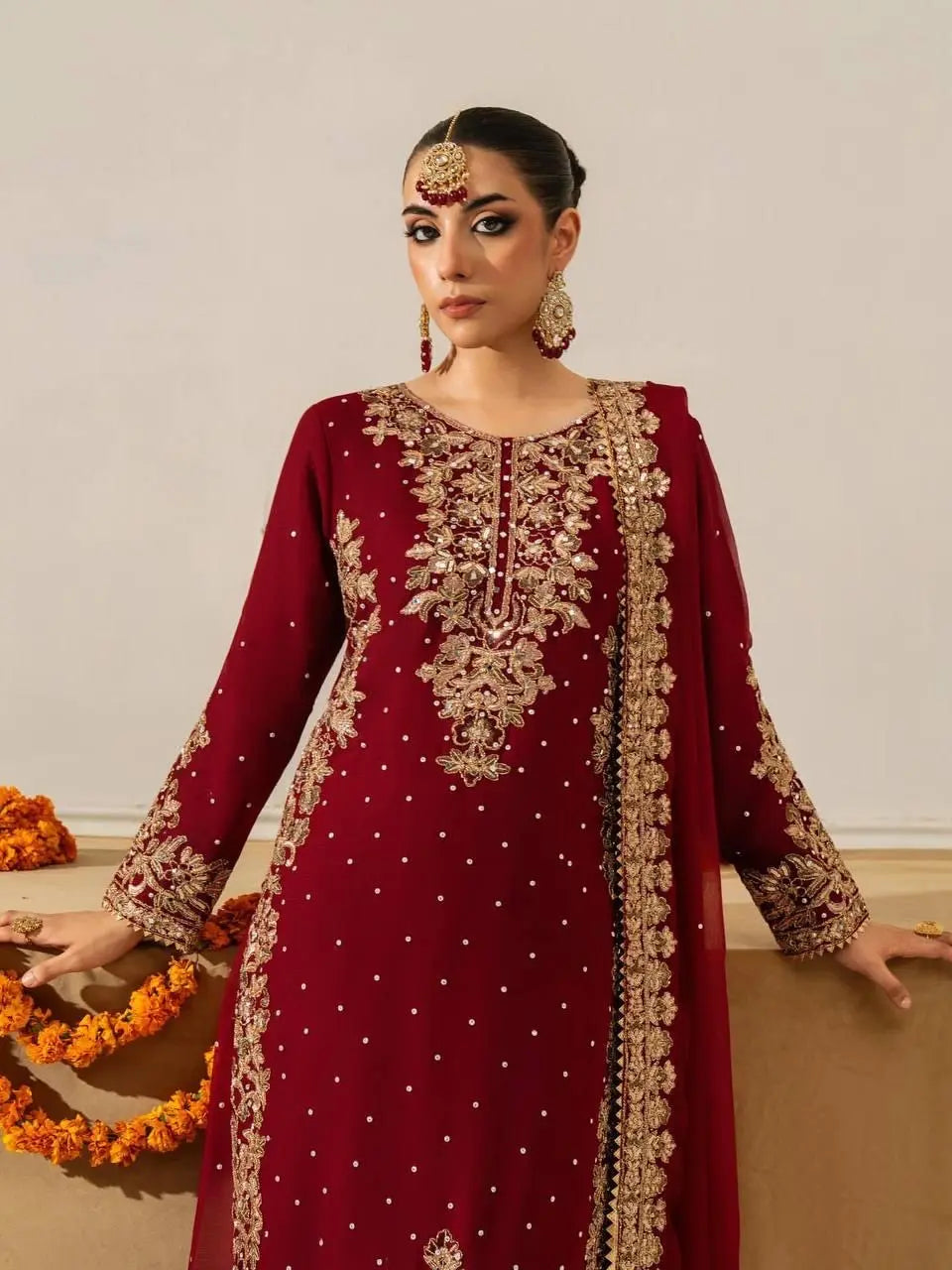 Karwa Chauth Special Designer Moti with Embroidery Work Kurti Sharara Dupatta Set (Ready to Wear) Ethenika.com