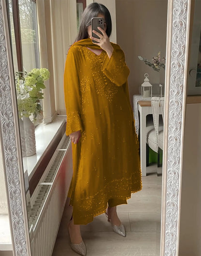 Karwa chauth Sepcial Faux Georgette Sequence Embroidery Work 3 Pc Kurti Palazzo Dupatta Set (Ready to Wear) Ethenika.com