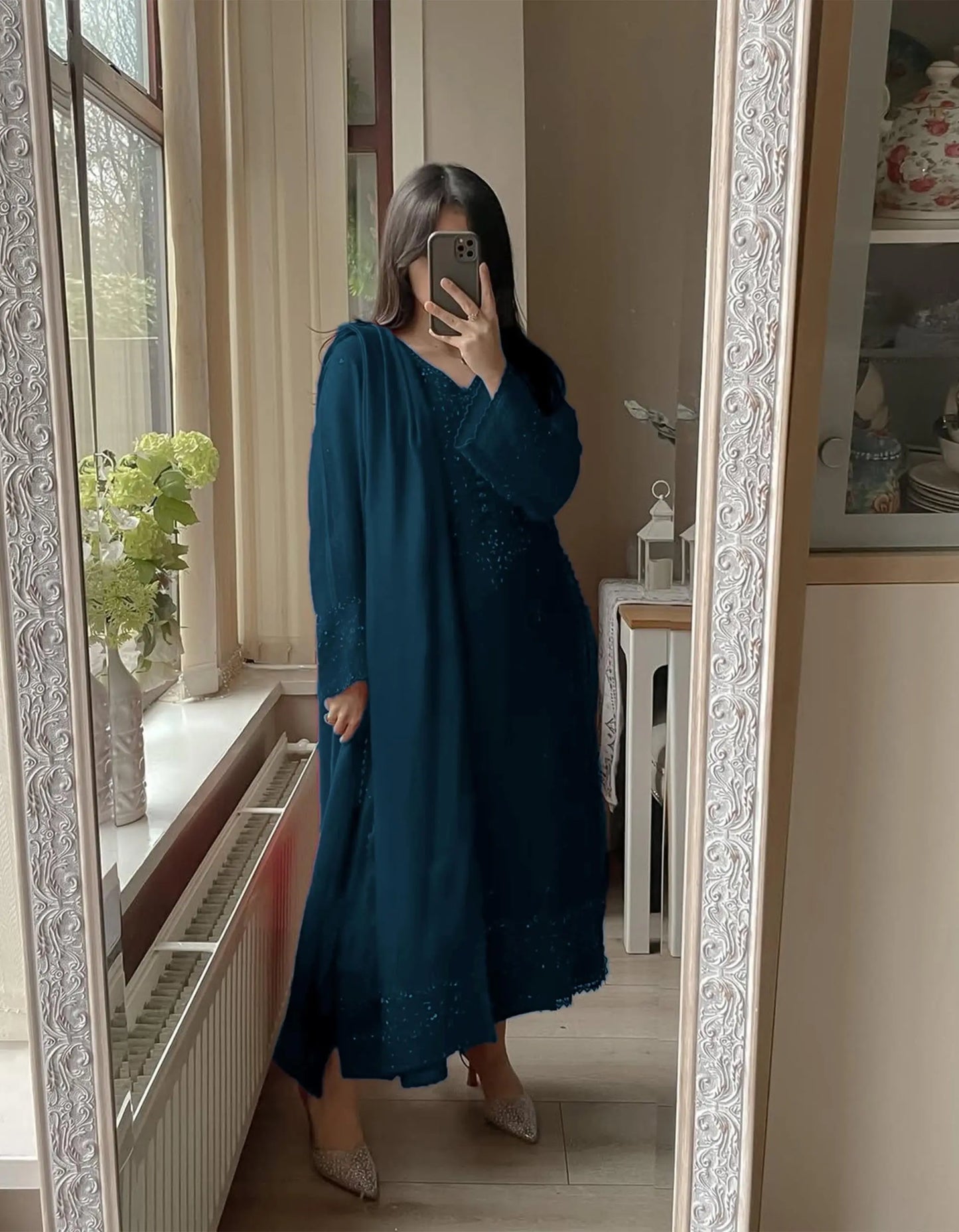 Karwa chauth Sepcial Faux Georgette Sequence Embroidery Work 3 Pc Kurti Palazzo Dupatta Set (Ready to Wear) Ethenika.com