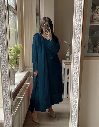 Karwa chauth Sepcial Faux Georgette Sequence Embroidery Work 3 Pc Kurti Palazzo Dupatta Set (Ready to Wear) Ethenika.com