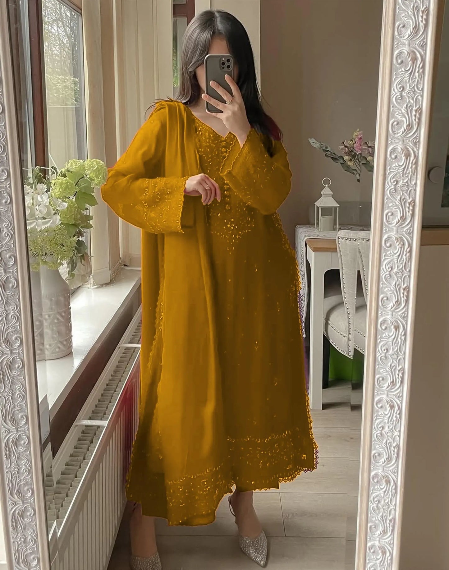 Karwa chauth Sepcial Faux Georgette Sequence Embroidery Work 3 Pc Kurti Palazzo Dupatta Set (Ready to Wear) Ethenika.com