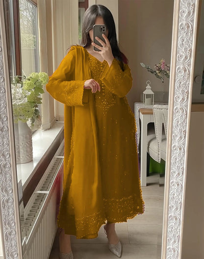 Karwa chauth Sepcial Faux Georgette Sequence Embroidery Work 3 Pc Kurti Palazzo Dupatta Set (Ready to Wear) Ethenika.com