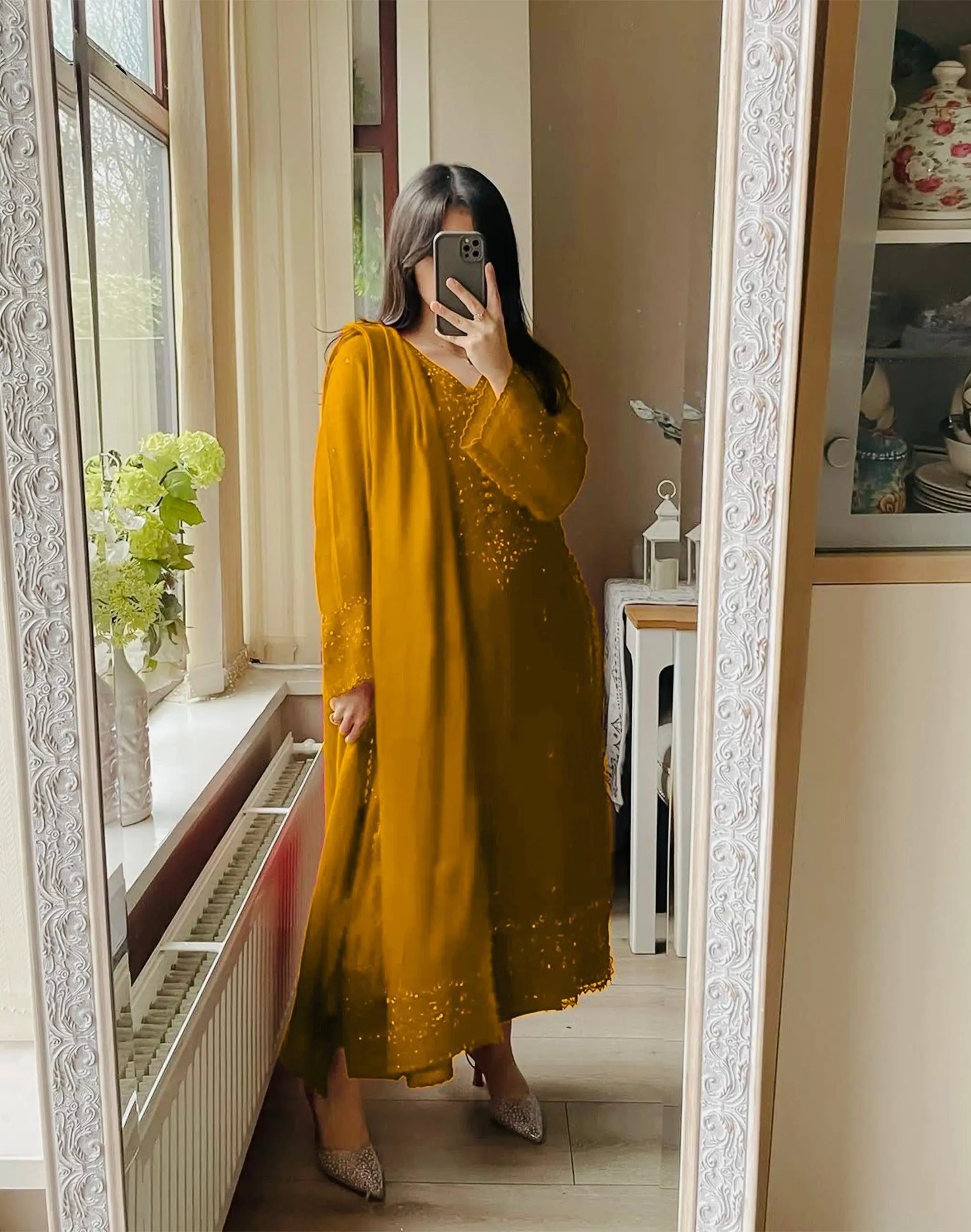 Karwa chauth Sepcial Faux Georgette Sequence Embroidery Work 3 Pc Kurti Palazzo Dupatta Set (Ready to Wear) Ethenika.com