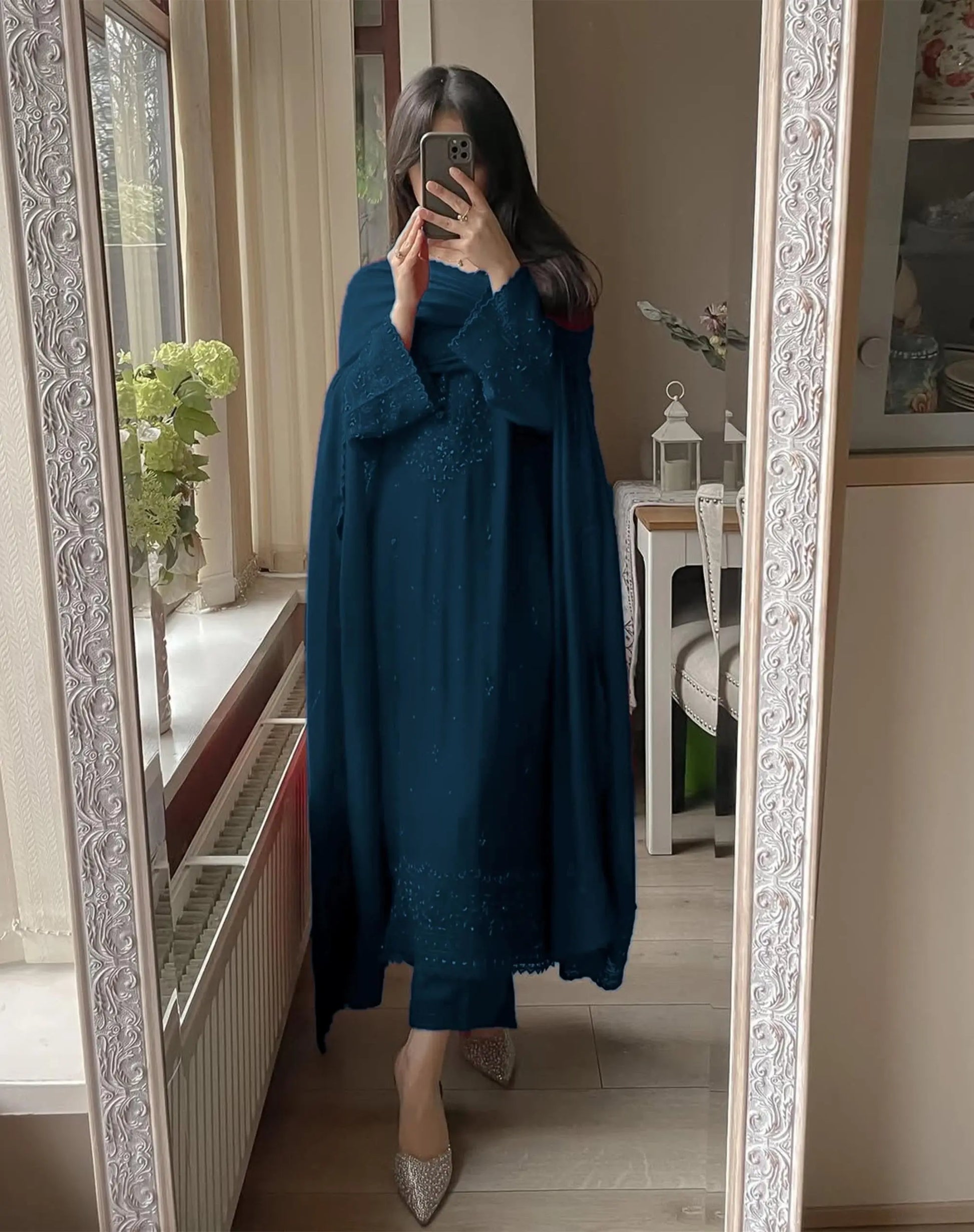 Karwa chauth Sepcial Faux Georgette Sequence Embroidery Work 3 Pc Kurti Palazzo Dupatta Set (Ready to Wear) Ethenika.com