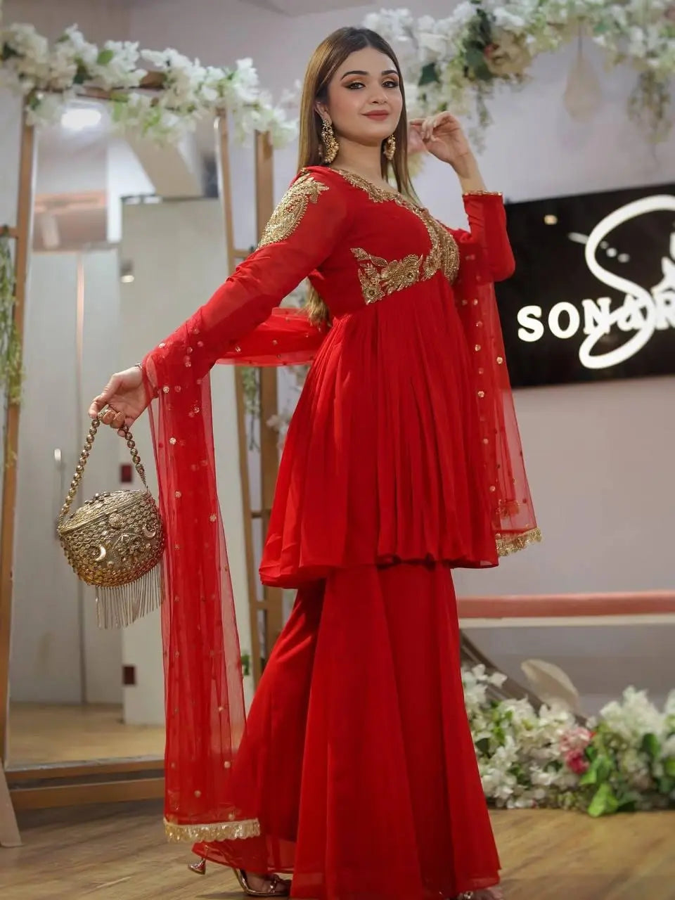Karwa chauth Special Designed Neck work Red Kurti Sharara Dupatta Set (Ready to Wear) Ethenika.com