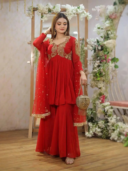 Karwa chauth Special Designed Neck work Red Kurti Sharara Dupatta Set (Ready to Wear) Ethenika.com