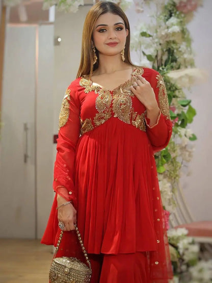 Karwa chauth Special Designed Neck work Red Kurti Sharara Dupatta Set (Ready to Wear) Ethenika.com