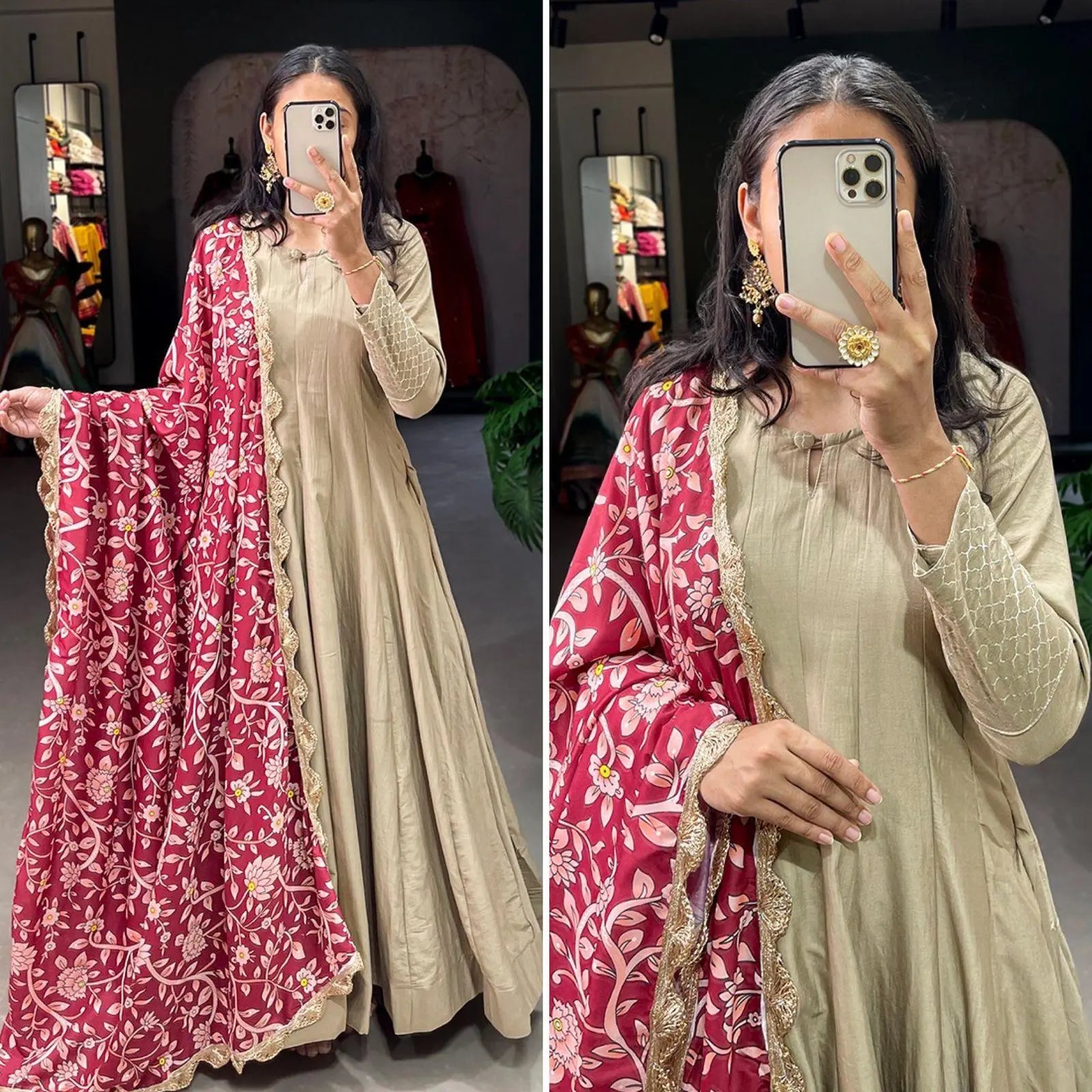 Label shri gown with zari weaving Dupatta Gown Fully Stitched Ethenika.com 
