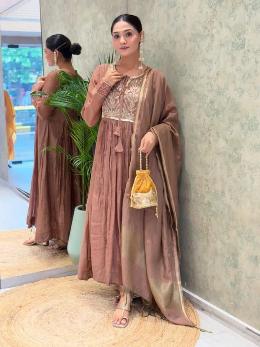 Mal Chanderi Flair Work Kurti Pant Dupatta Set (Ready to Wear) Ethenika.com