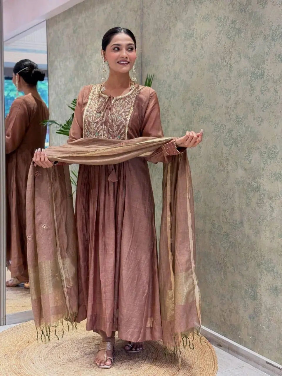 Mal Chanderi Flair Work Kurti Pant Dupatta Set (Ready to Wear) Ethenika.com