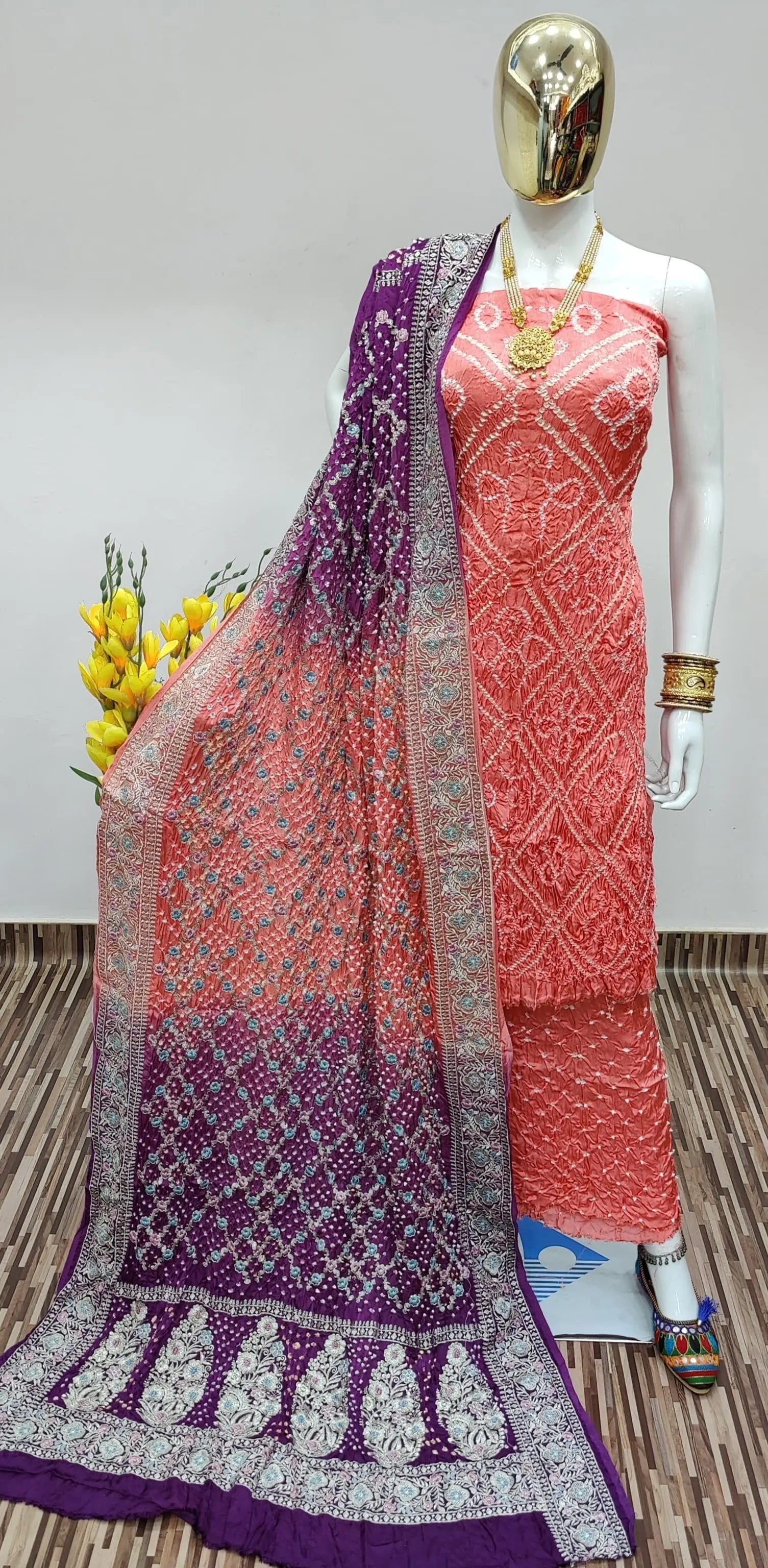 Modal Ghazi Silk Barik Bandhej Work Authentic Gujarati Bandhani Dress  Material (Unstitched)  Ethenika.com