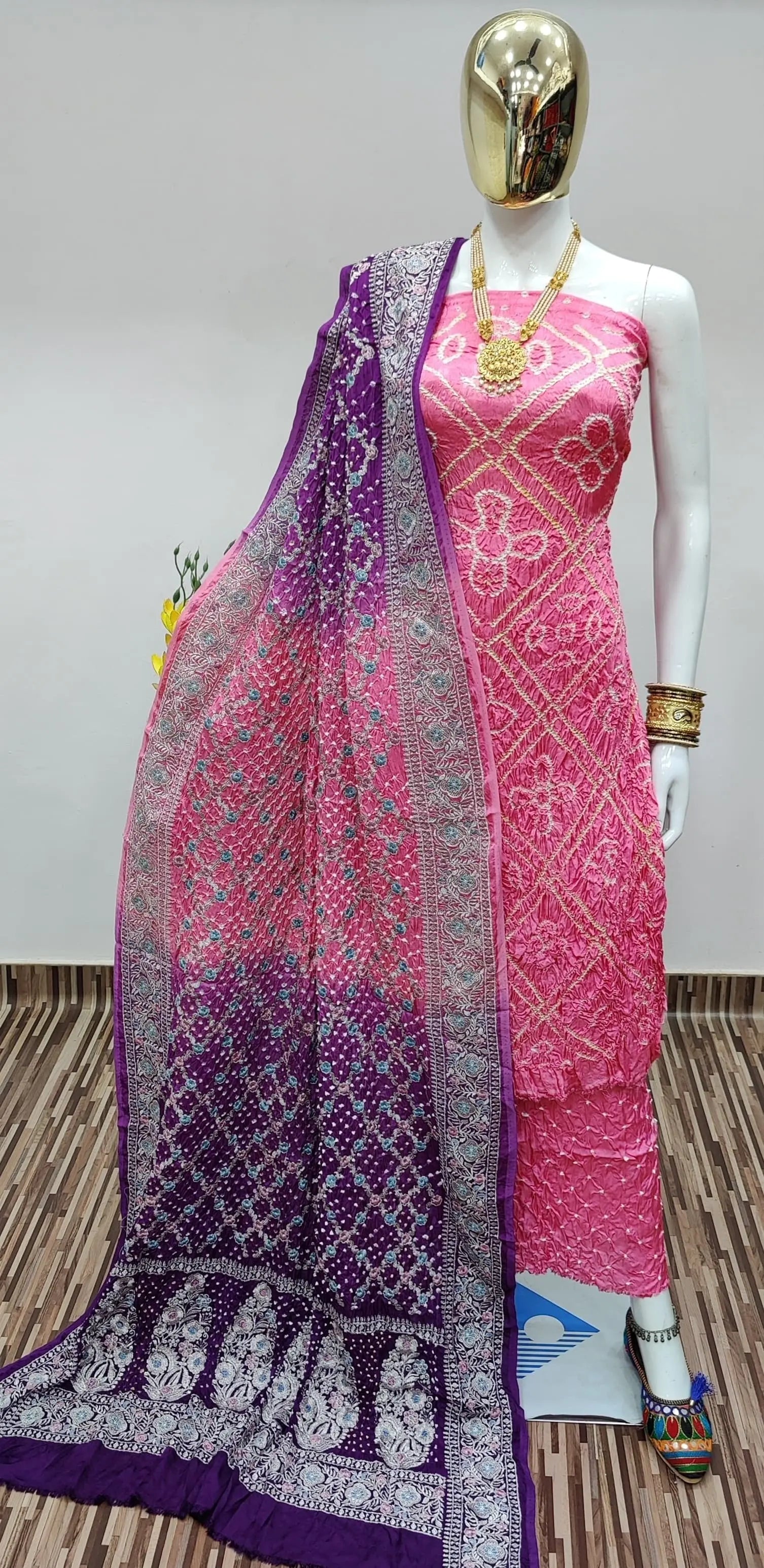 Modal Ghazi Silk Barik Bandhej Work Authentic Gujarati Bandhani Dress Material (Unstitched) - Premium  from Ethenika.com  - Just INR 8990! Shop now at Ethenika.com 