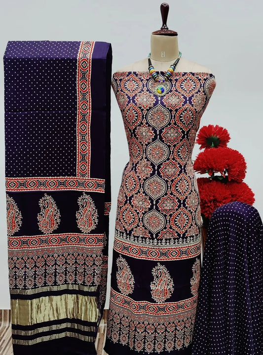 Modal Ghazi Silk Original Hand Blocked Ajrakh Print Dress Material (Unstitched) Ethenika.com