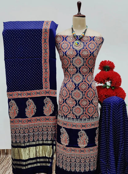 Modal Ghazi Silk Original Hand Blocked Ajrakh Print Dress Material (Unstitched) Ethenika.com