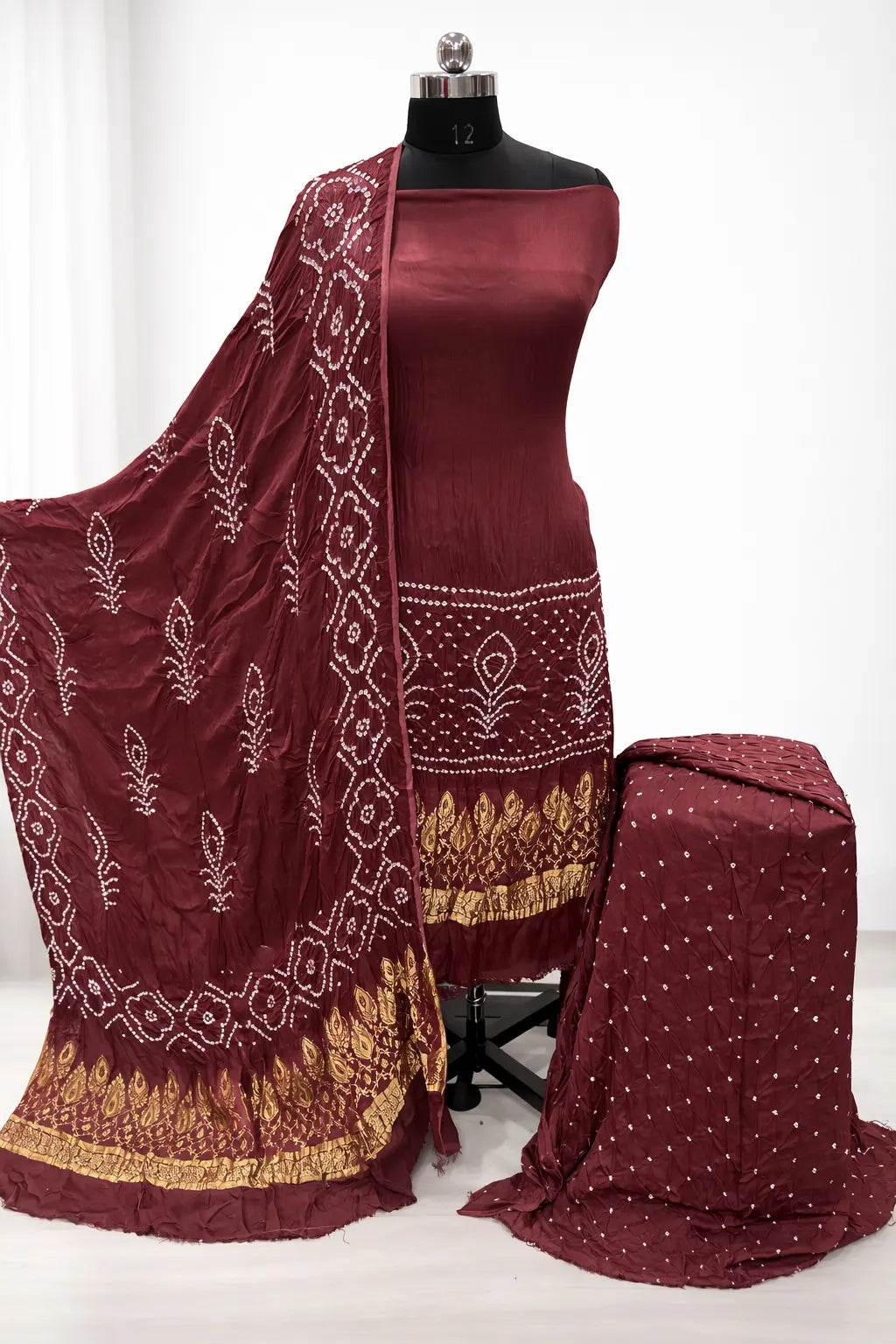 Modal Silk Authentic Hand Rai Bandhej Work Jamnagar Silk Bandhani Dress Material Ethenika.com