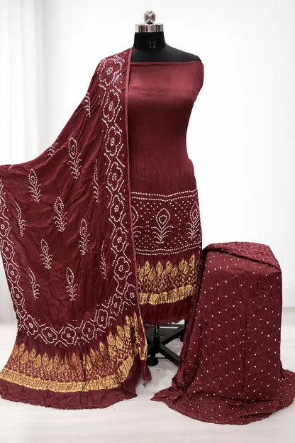 Modal Silk Authentic Hand Rai Bandhej Work Jamnagar Silk Bandhani Dress Material Ethenika.com