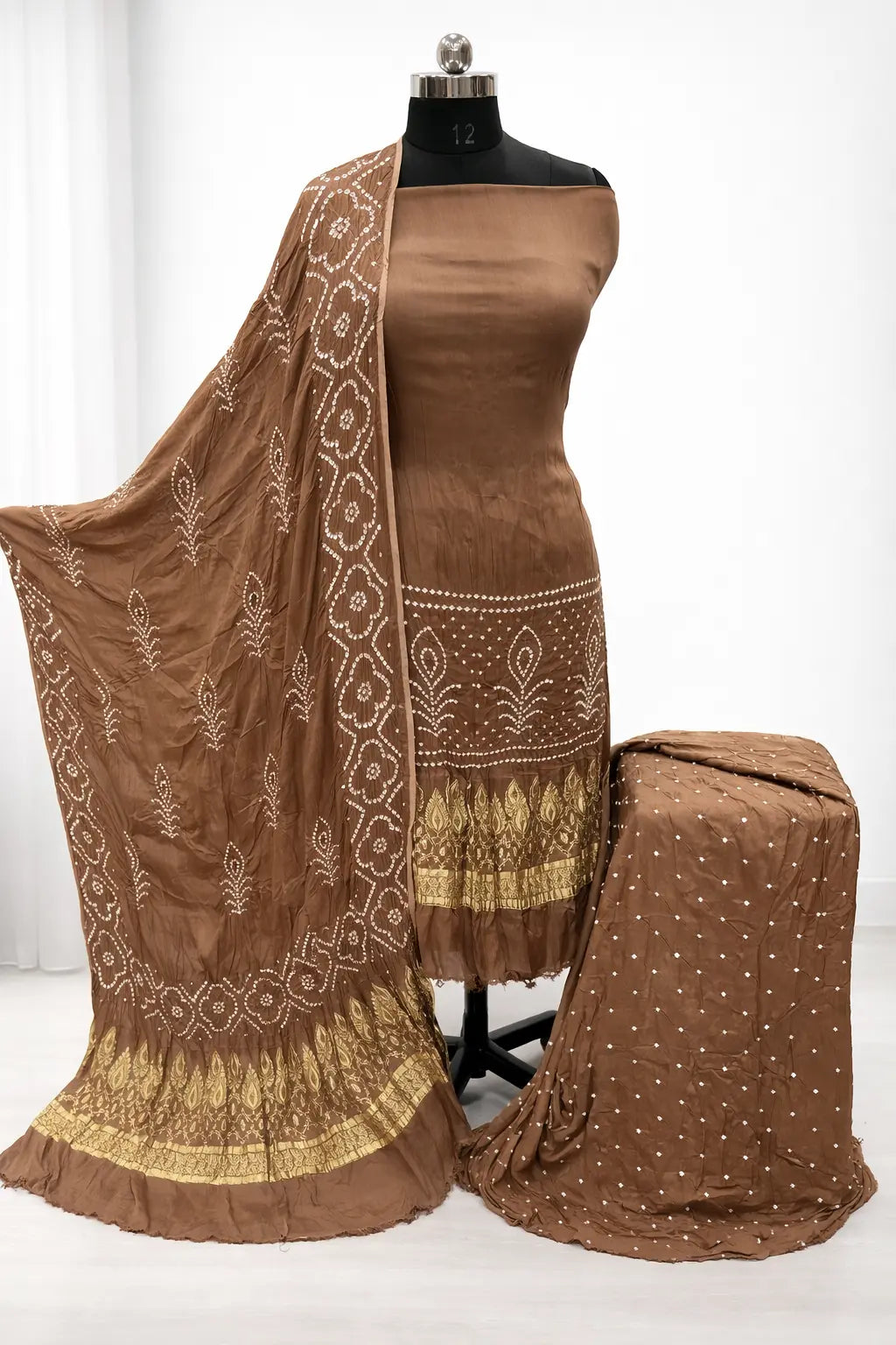 Ethenika Authentic Silk Hand Crafted Kutch Bandhani Dress Material Rust