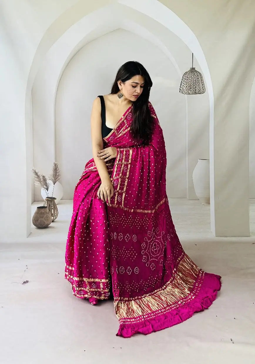 Modal Silk Authentic Kutchi Hand Bandhej Work Chex Border Silk Bandhani Saree Ethenika.com